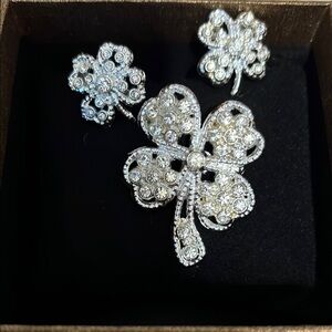 Elegant Silver Crystal shamrock and clip on earrings Set